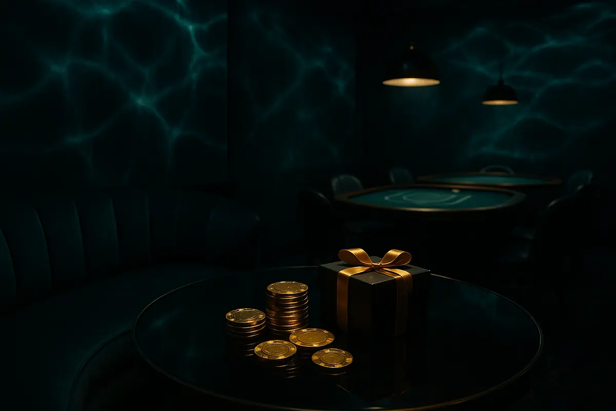Casino chips and a gift box on a dark glass table